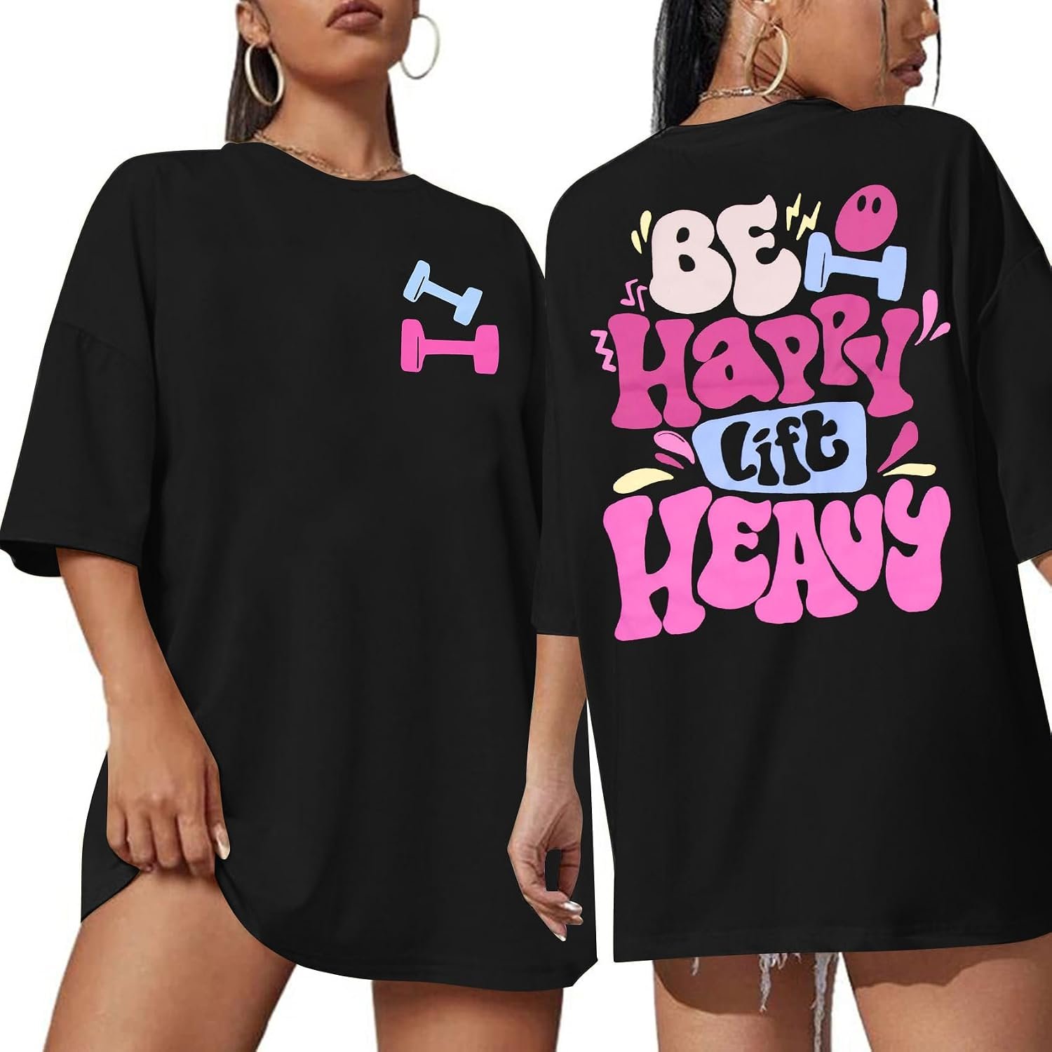 Be Happy Lift Heavy Shirt Women Oversized Gym Graphic Tshirt Workout Shirts | Funny Gym Weightlifting Workout T-Shirts Casual Gym Lover Tops Lifting Is My Therapy Short Sleeve Tees