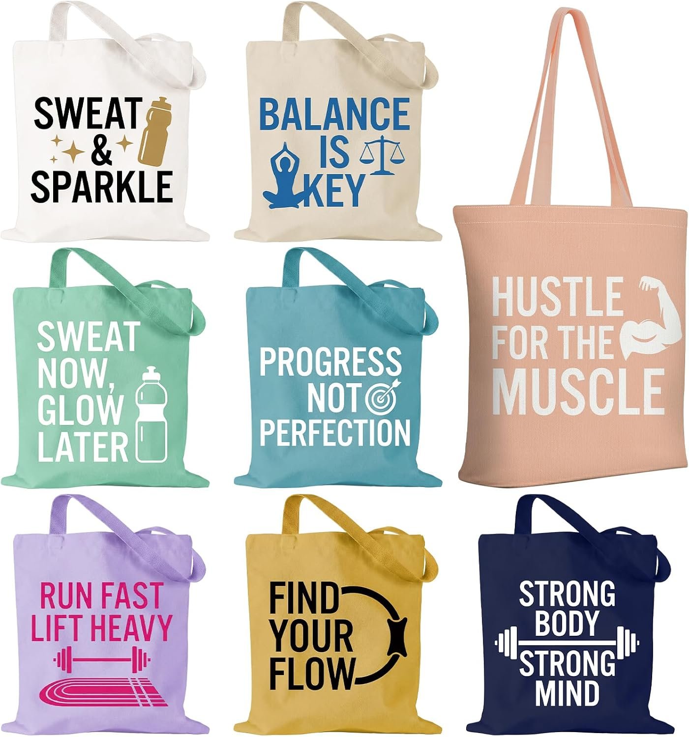 Sanwuta 8 Pcs Fitness Canvas Tote Bags for Women Workout Funny Reusable Shopping Bag with Zipper Inner Pocket Sports Lover Gym Gifts for Pilates Yoga Body Builder Bodybuilding Lovers Everyday Carry