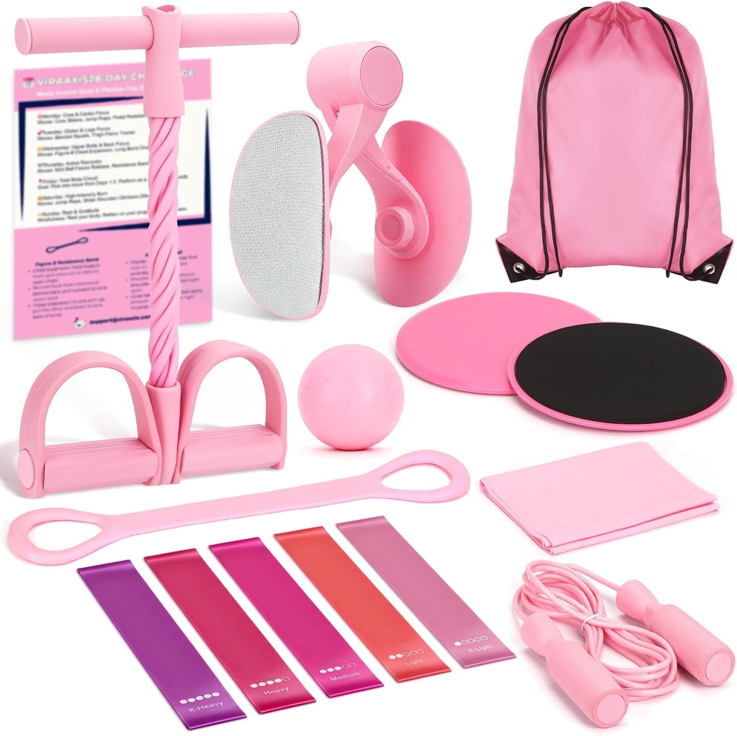 9-in-1 Home Workout Equipment for Women, Pedal Resistance Band with Handle, Thigh Master, Core Sliders & Exercise Bands with Workout Guide, Beginner Starter Kit for Ab Workout & Body Toning