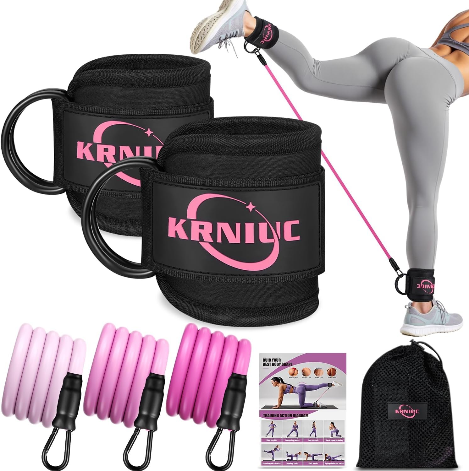 Ankle Resistance Bands with Cuffs, Resistance Bands for Working Out, Home Gym Workout Equipment for Women, Pilates Exercise, Hip, Leg, Glute Ankle Weights Training- Exercise Guides Included