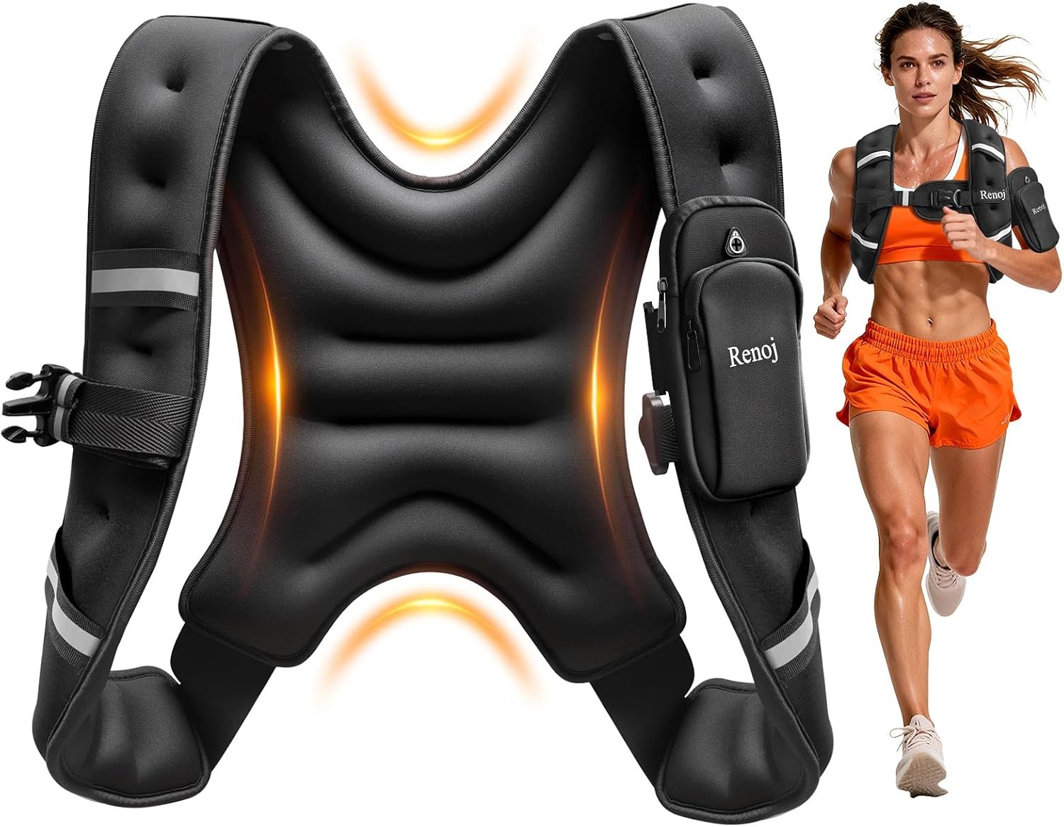 Renoj Weighted Vest for Women Men: Available in 6lb/8lb/10lb/11lb/12lb/14lb/16lb/20lb Fixed Weights for Walking, Running, Training, Exercise, Weight Loss – With Reflective Strips and Storage Pocket