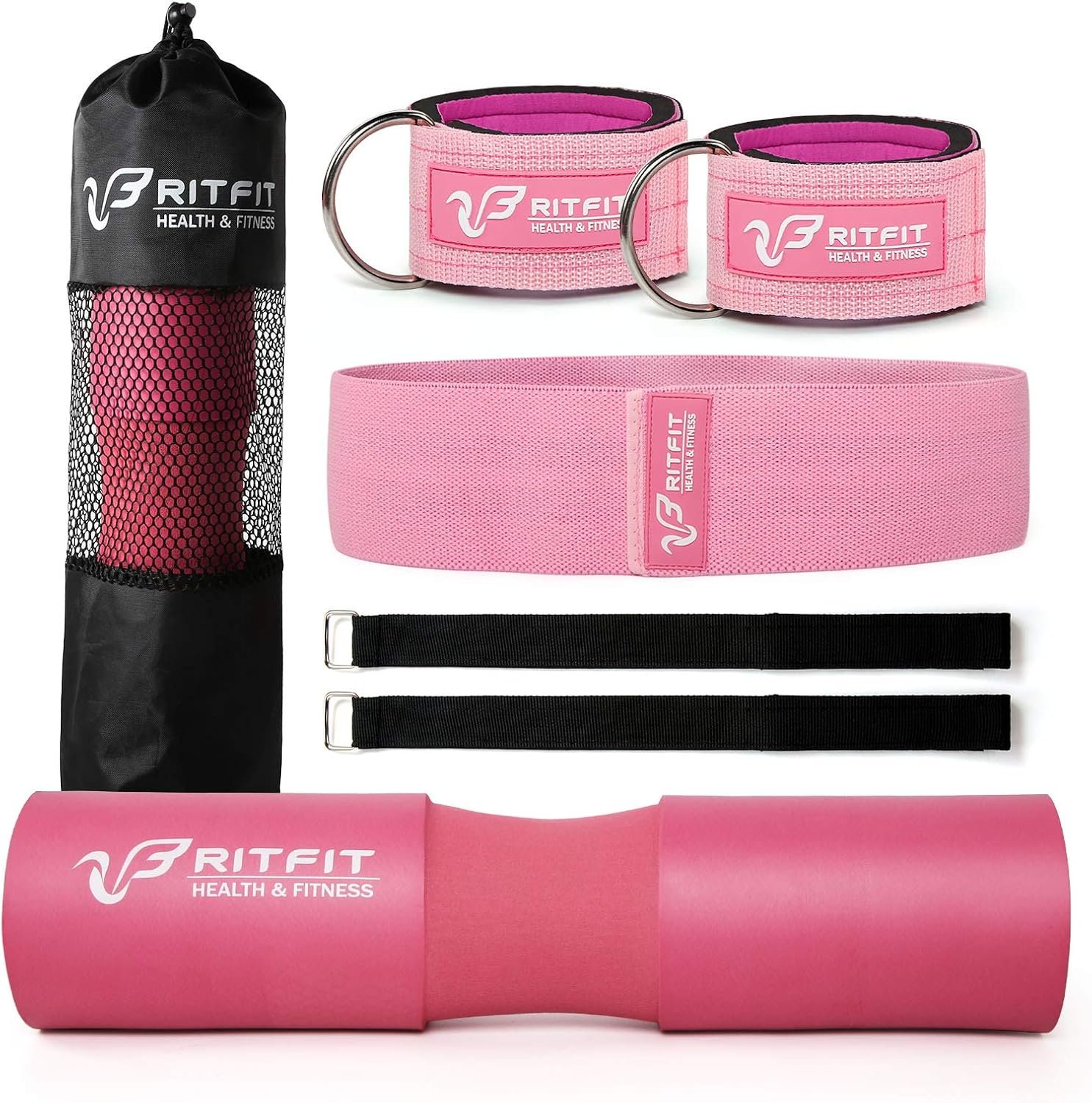 RitFit 7 Pcs Barbell Squat Pad Set, with Resistance Band, 2 Safety Straps, 2 Gym Ankle Straps & Carry Bag, Upgraded Neck & Shoulder Protective Pad Support for Squats, Lunges & Hip Thrust (Pink/Black)