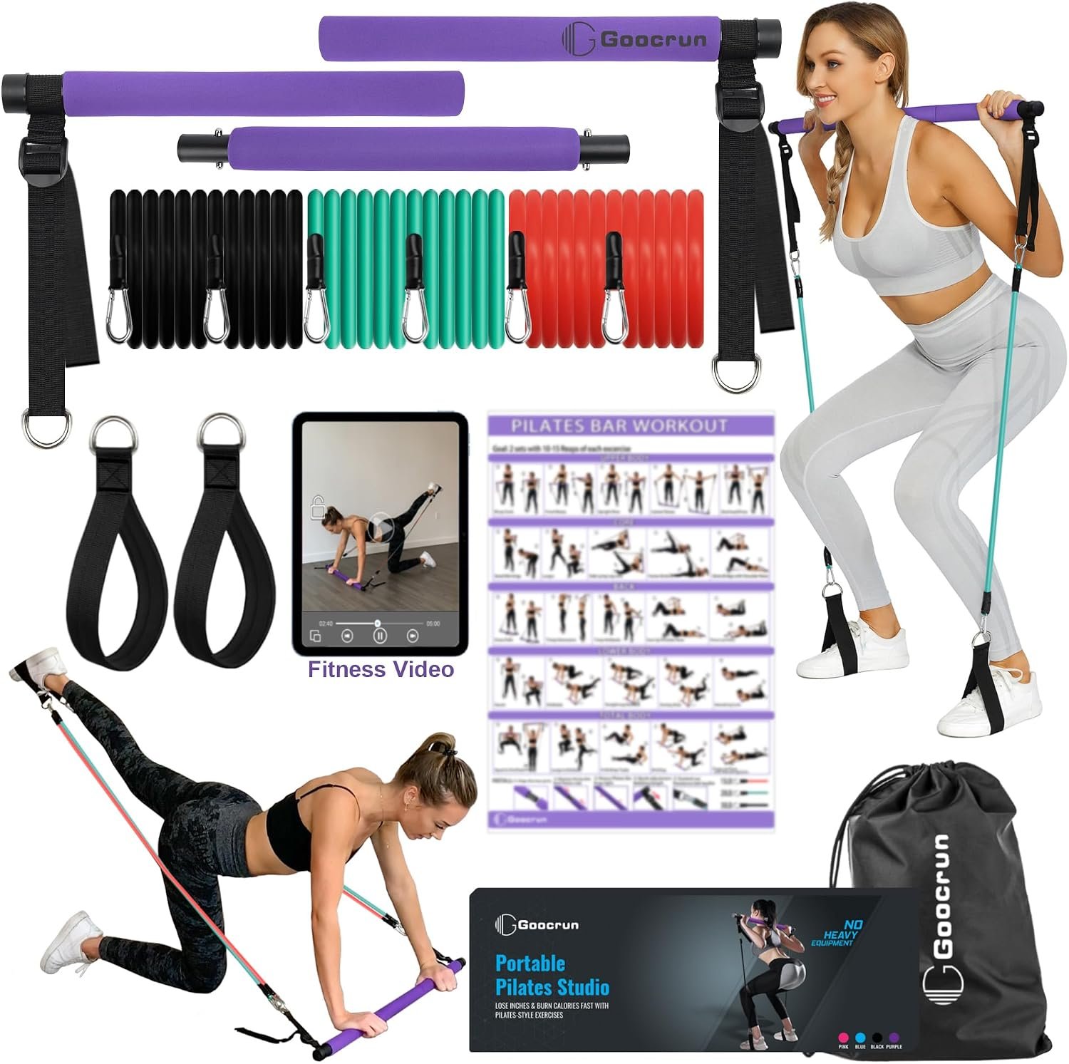 Goocrun Portable Pilates Bar Kit with Resistance Bands for Men and Women – 3 Set Exercise Resistance Bands – Multifunctional Home Gym – Supports Full-Body Workouts – with Fitness Poster and Video