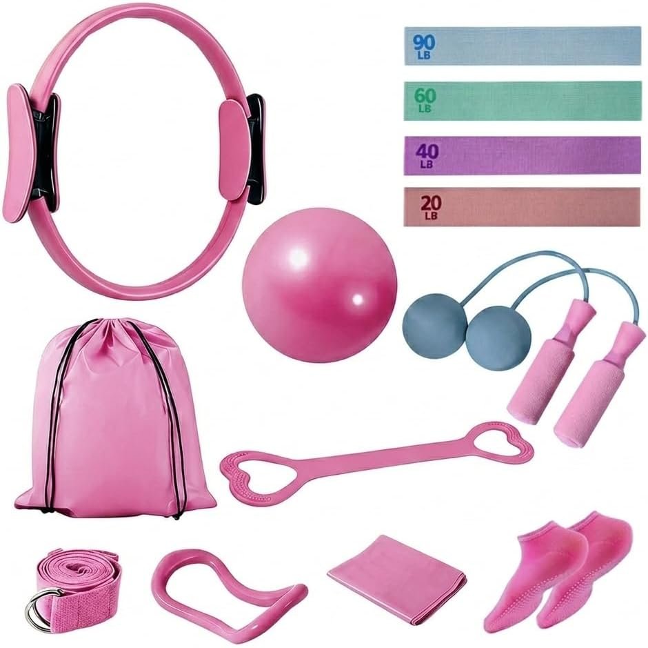 Home Pilates Kit for Women, Workout Set with 12.9″ Ring, 9.8″ Mini Ball, 4 Fabric Bands, Figure-8 Band, Stretch Band, D-Ring Strap, Cordless Jump Rope, Socks, Carry Bag