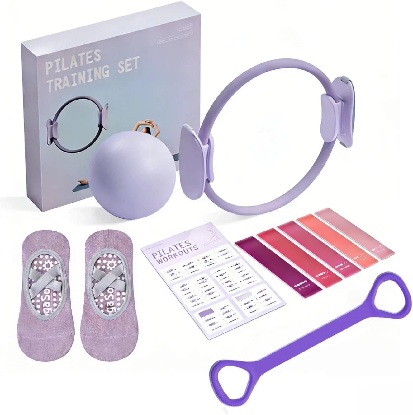 Pilates Ring Kit for Home Workout to Tone, Sculpt and Strengthen(Purple) | With pilates ring，pilates ball，figure 8 resistance bands, grip socks, fitness magic circle rings for Yoga Women