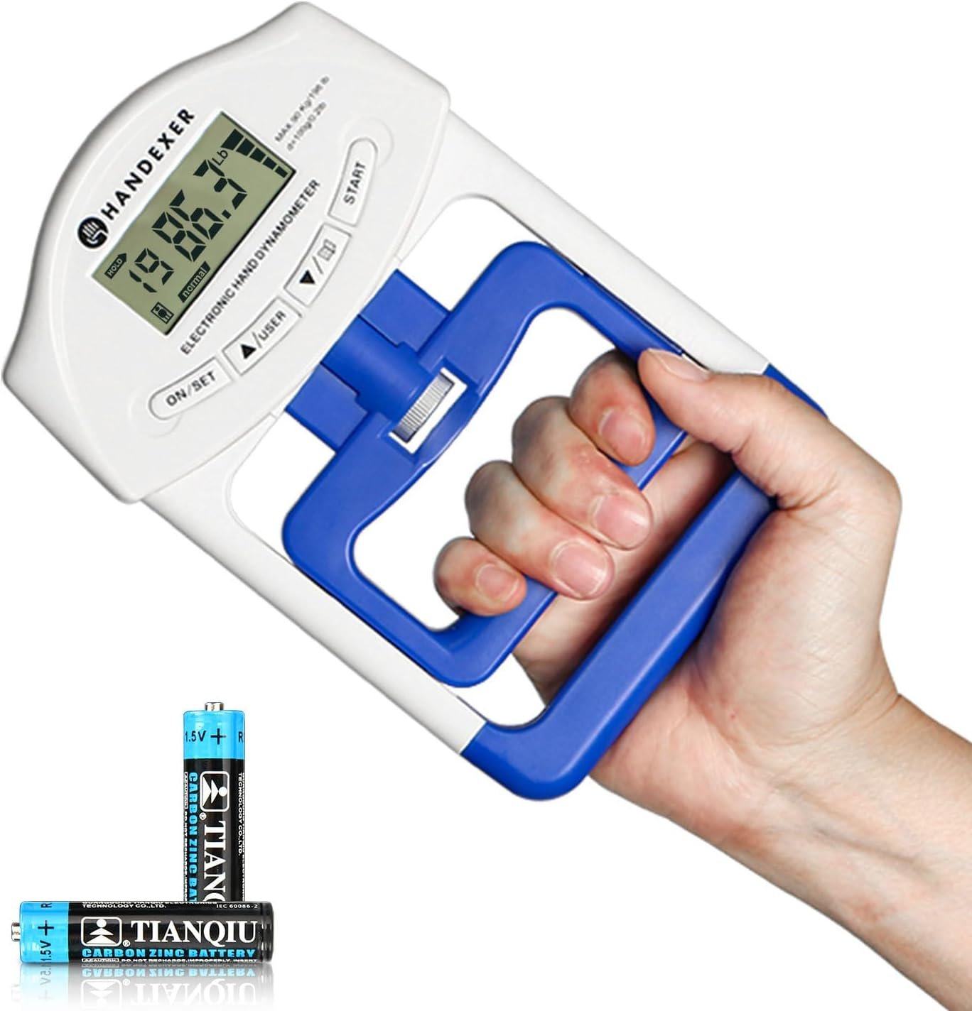 Digital Grip Strength Tester, 198 lb Hand Dynamometer, Blue | 198 lb Capacity; 0.2 lb Increments; 19 User Profiles; Adjustable Handle; LCD Display; For Sport and Rehab