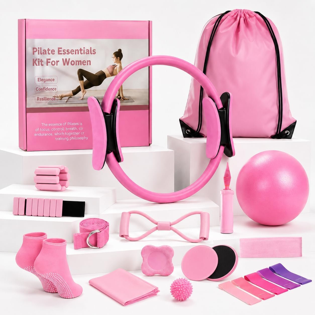 Pilates Equipment Set for Home Workouts –15in1 Home Pilates Kit with Ring and Ball Set, Resistance Bands, Pilates Yoga,Core Sliders & Ankle Weights, Pilates Essentials Kit