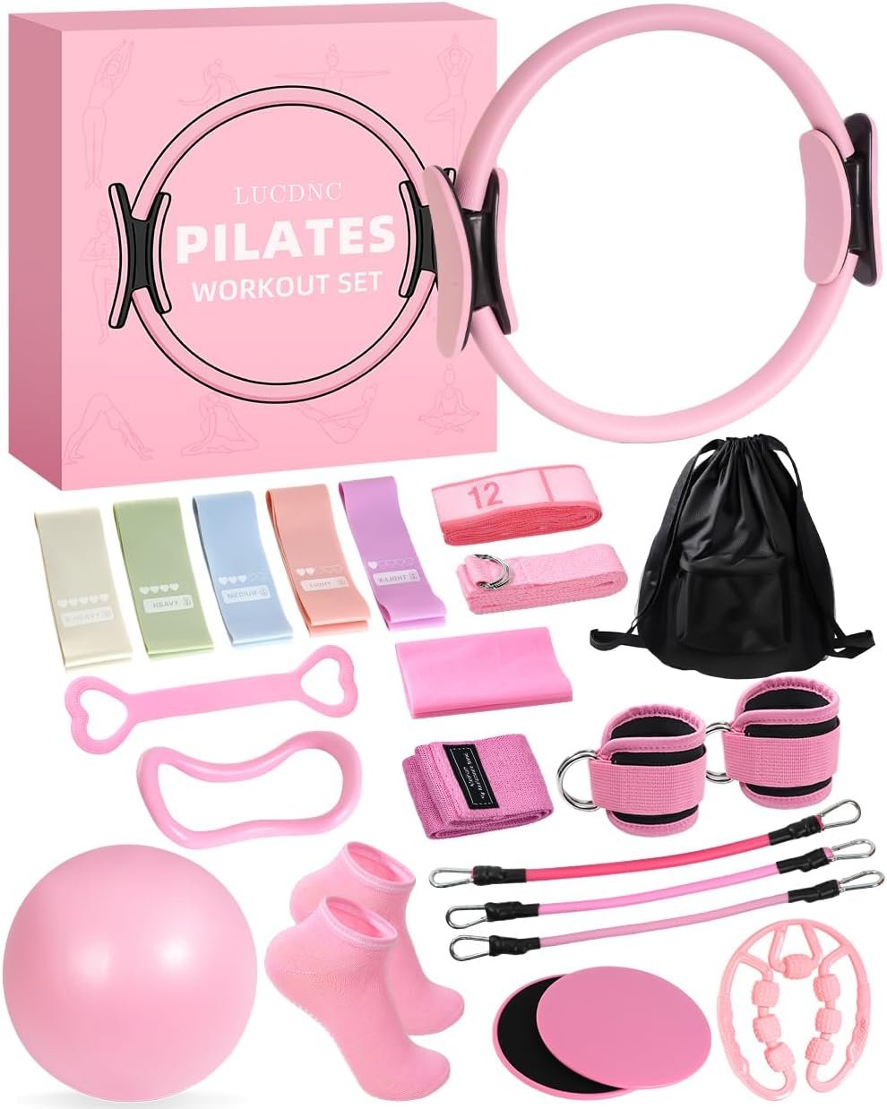 lucdnc Pilates Kit for Home 24 Pcs, 14″ Circles & 8″ Yoga Ball | Resistance Band for Ankle, Back, Legs, Glutes, Equipment for Home Gym & Travel Fitness