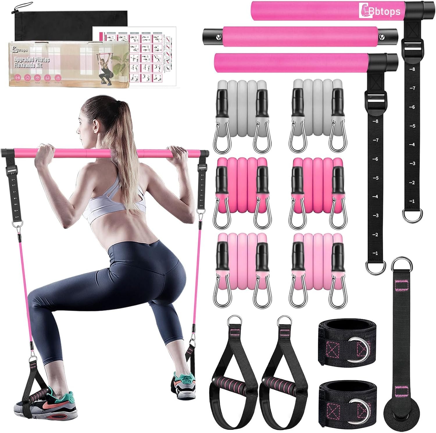 Bbtops Pilates Bar Kit with Resistance Bands,Pilates Bar with Stackable Bands Workout Equipment for Legs,Hip,Waist and Arm,Exercise Fitness Equipment for Women & Men Home Gym Yoga Pilates