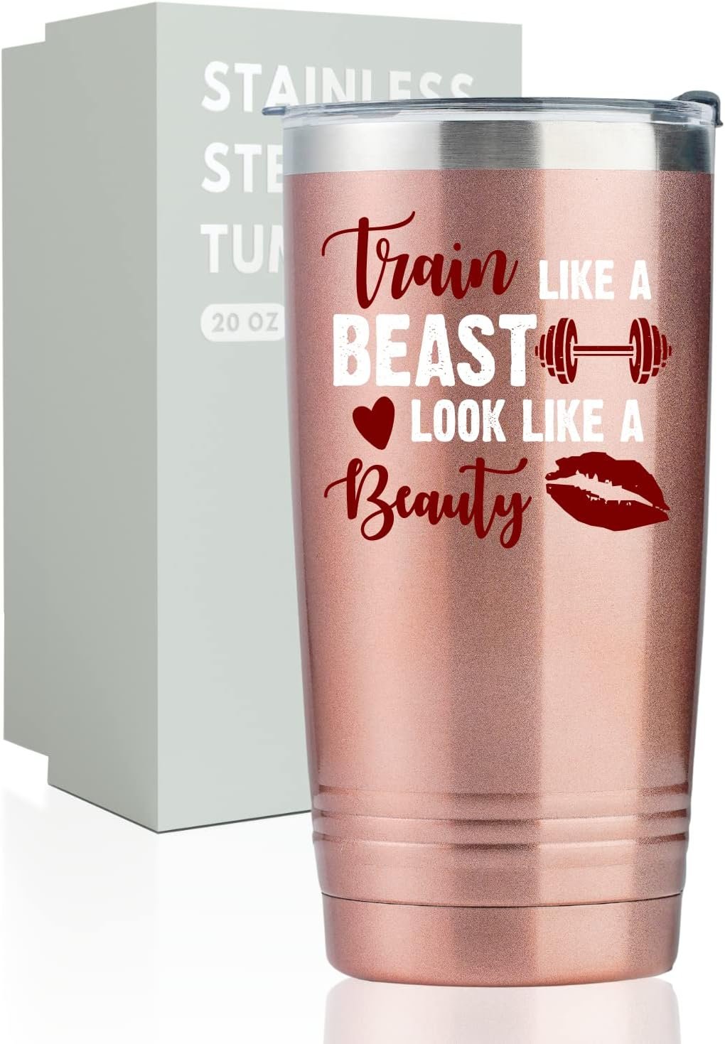 Onebttl Workout Fitness Gym Gifts for Women, 20oz Stainless Steel Tumbler with Lid Straw, Exercise Gifts for Her, Friends for Birthday, Christmas – Look Like A Beauty Rosegold
