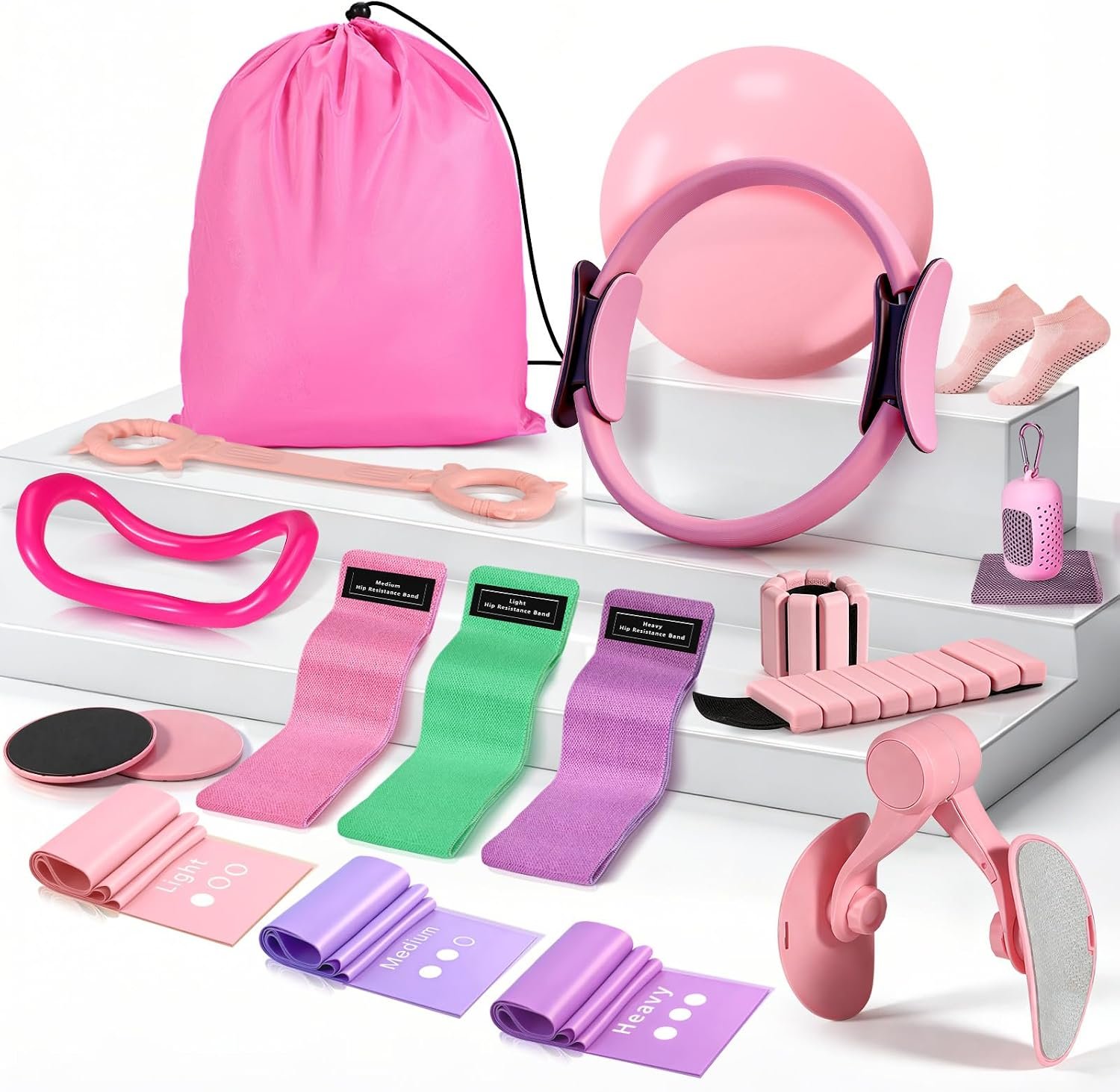 Pilates Essentials Kit for Women 15 Pcs Pilates Equipment for Home Workouts with Yoga Circle Ball Ring, 5 Resistance Bands,Pedal Puller Resistance Band,Anti Slip Socks for Starter Set