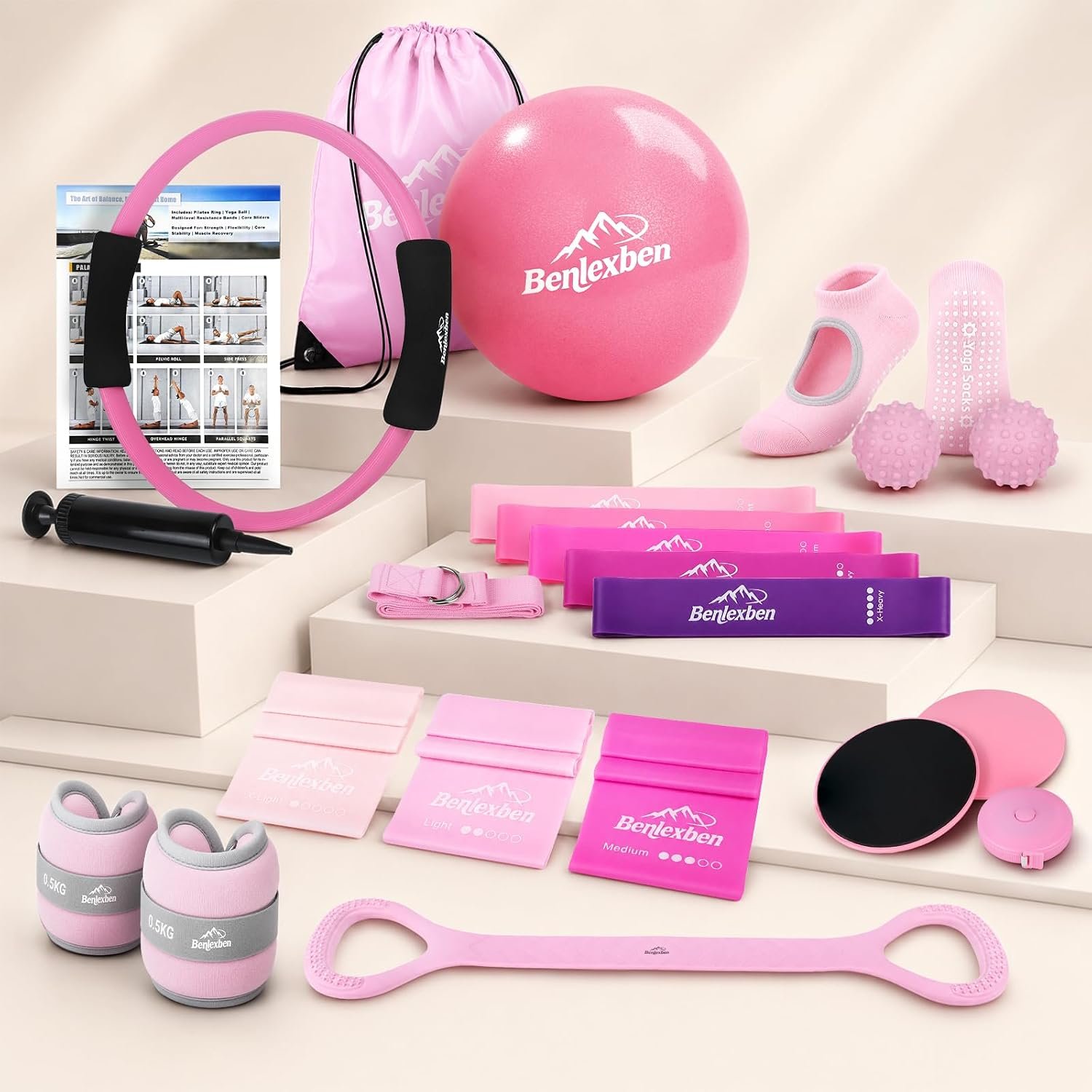 Pilates Kit for Women, 21-in-1 Pink Pilates Equipment for Home Workouts | Home Pilates Kit for Women with Pilates Ring and Ball Set,Tone & Sculpt,Great for travel, gift choice for fitness lover