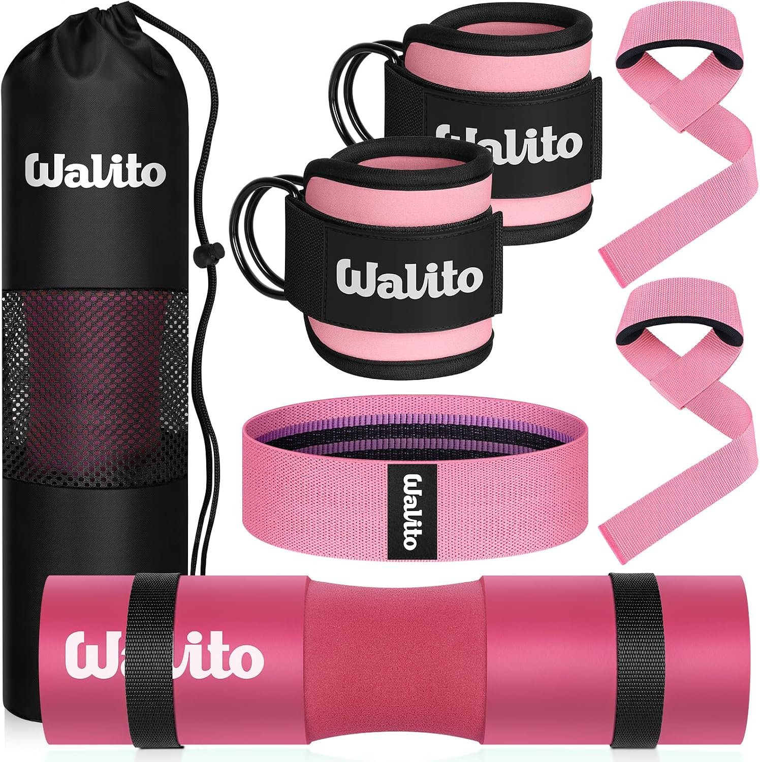 WALITO 8Pcs Barbell Pad Set for Hip Thrust – Squat Pad,Gym Accessories for Women with Bar Bad,Bench Press, with Gym Ankle Straps,Resistance Bands for Working Out,Lifting Strap,Carry Bag